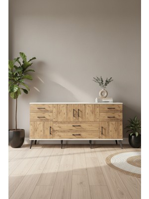 Aura Konsol: 6 Çekmeceli, 4 Kapaklı Aytaşı-Çam Şıklığı (176CM) | 1 Raflı