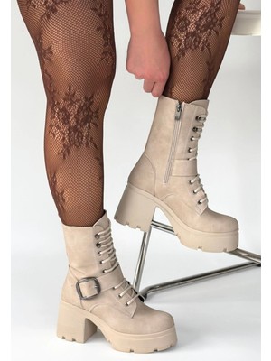 Hsc Bilişim Linma Bej Nubuk Bağcıklı Topuklu Bot