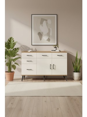 Aura Konsol - Çam & Aytaşı | 5 Çekmeceli, 2 Kapaklı Konsol | 2 Raflı, 132X59X83 cm