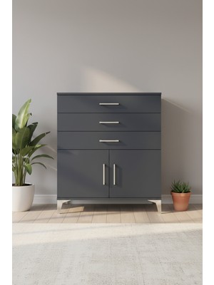 Silva Şifonyer: 3 Çekmeceli, 2 Kapaklı Antrasit Şıklık (88X30X106 Cm) | 1 Raflı