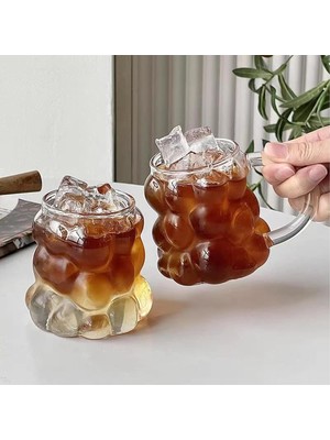 ® 2 Adet Kulplu Boncuk Şekilli Cam Bardak – 350ML Borosilikat Üzüm & Kabarcıklı Tasarım | Isıya ve D