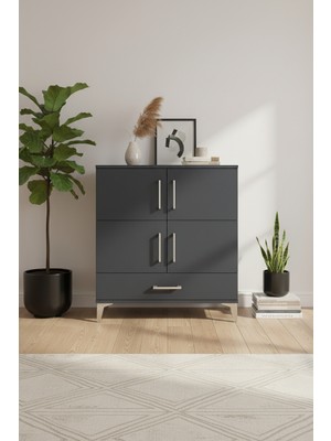 Aura Antrasit Şifonyer - 4 Raflı, Tek Çekmeceli, 4 Kapaklı (88X59X96 Cm)