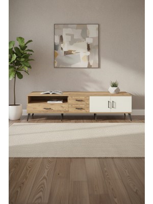 Luna Tv Ünitesi: 220CM Çam-Aytaşı Tv Sehpası | Raflı, Çekmeceli | 2 Kapaklı
