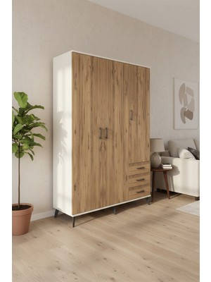 Luna Gardrop - 6 Raflı 3 Çekmeceli Tek Askılı - Aytaşı & Çam | 132X44X195 cm