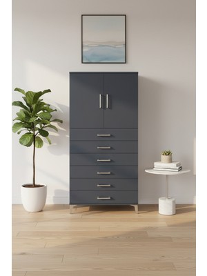 Luna Antrasit Dolap: 6 Çekmeceli, 2 Kapaklı, Tek Raflı (88X44X182 Cm)