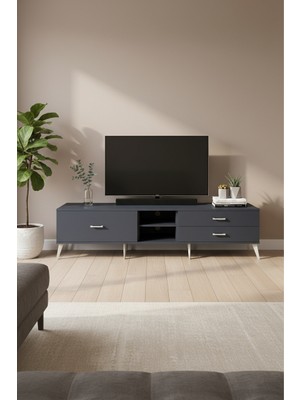 Luna Tv Ünitesi 220CM Antrasit - Tek Raflı & 3 Çekmeceli Modern Tasarım
