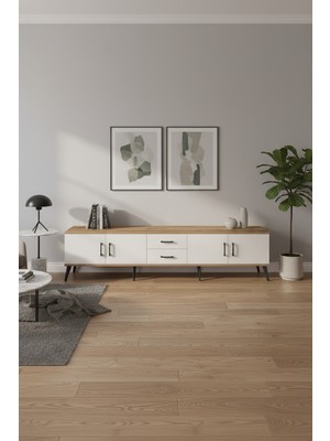 Silva Tv Ünitesi 220CM: Çam & Aytaşı | 2 Çekmece, 4 Kapaklı Tv Sehpası | 2 Raflı