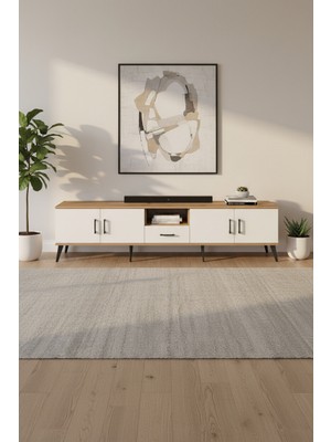 Silva Tv Ünitesi 220CM Çam-Aytaşı: 3 Raf, Çekmeceli ve Kapaklı Şık Tasarım