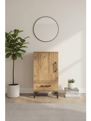 Aura Komodin: Çam Ahşap, Tek Çekmece, Tek Kapaklı, 2 Raflı, 44X59X80 cm