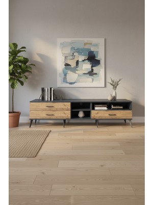 Aura Tv Ünitesi: 220CM Antrasit-Çam, 3 Çekmeceli Tv Sehpası | 2 Raflı