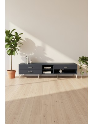Luna Tv Ünitesi 220CM Antrasit: Tek Raflı ve 3 Çekmeceli Şıklık