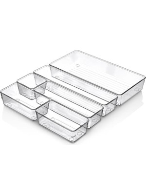 Mallart® 6'lı Şeffaf Çekmece Düzenleyici Seti – Plastik Organizer Kutular | Makyaj, Ofis, Mutfak ve