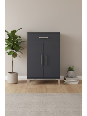 Silva Komodin: 2 Raflı, Çekmeceli, Kapaklı Antrasit Şıklığı | 60X30X96 cm