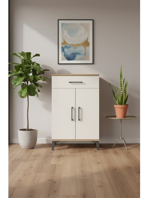 Silva Komodin 2 Raflı Tek Çekmeceli Çam-Aytaşı 60X30X96 | 2 Kapaklı