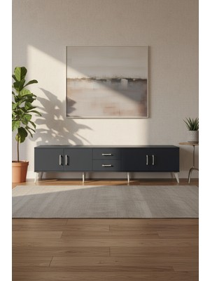 Silva Tv Ünitesi 220CM: 2 Raf, 2 Çekmece, 4 Kapaklı Antrasit