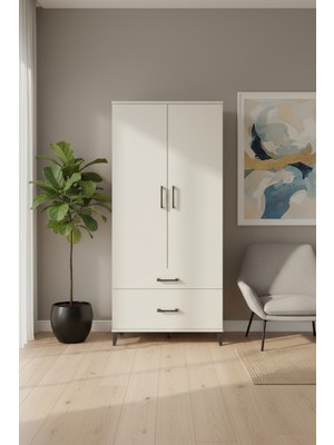 Luna Dolap: 4 Raflı, 2 Çekmeceli Aytaşı Gardırop | 2 Kapaklı, 44X44X195 cm