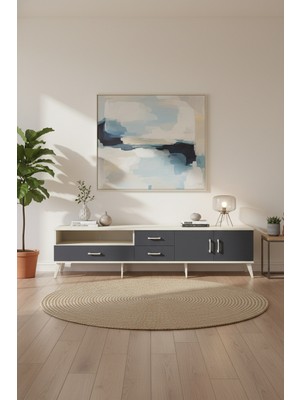 Silva Tv Ünitesi 220 cm Aytaşı Antrasit - 2 Raflı, 3 Çekmeceli Tv Sehpası | 2 Kapaklı