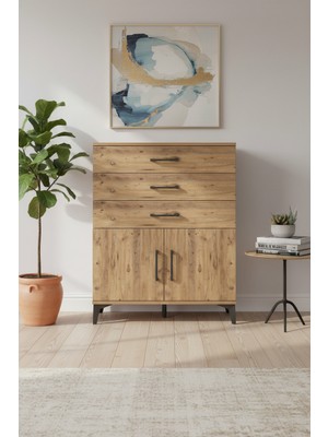 Silva Şifonyer: 3 Çekmeceli, 2 Kapaklı Çam Şifonyer (88X30X106 Cm) | 1 Raflı