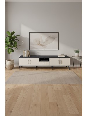 Aura Tv Ünitesi 220CM: Antrasit & Aytaşı, 3 Raflı, Çekmeceli ve Kapaklı