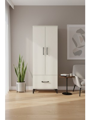 Luna Dolap - 4 Raflı Tek Çekmeceli 2 Kapaklı Aytaşı Gardırop | 60X44X163 cm