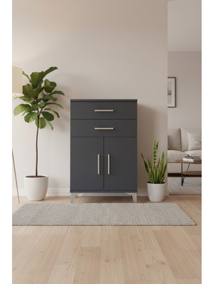 Silva Komodin - 2 Çekmeceli, 2 Kapaklı Antrasit Şıklığı (60X30X96 Cm) | 1 Raflı