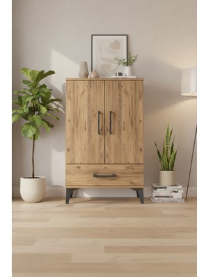 Silva Komodin 2 Raflı Tek Çekmeceli 2 Kapaklı Çam Komodin | 60X30X96 cm