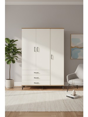 Luna Gardrop: 6 Raf, 3 Çekmece, Tek Askılı Çam-Aytaşı Gardrop | 132X44X195 cm