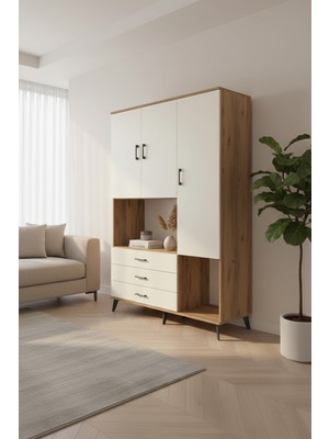 Luna Gardrop - 6 Raflı 3 Çekmeceli Çam-Aytaşı Gardırop (132X44X195) | 3 Kapaklı