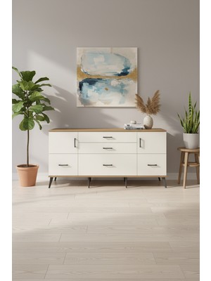Aura Konsol: 5 Çekmeceli, 2 Kapaklı Geniş Konsol - Çam & Aytaşı | 2 Raflı, 176X59X83 cm