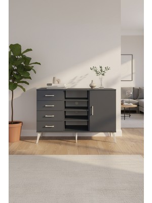 Aura Konsol - 4 Raflı, 4 Çekmeceli, Tek Kapaklı Antrasit Konsol | 132X59X83 cm