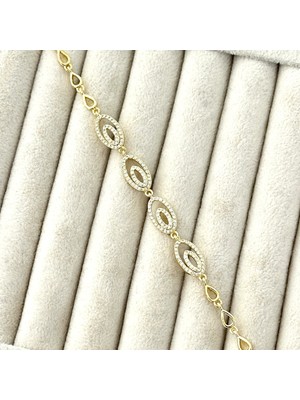 Zirkon Taşlı Oval Detaylı Gold Bileklik – 19 cm