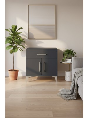 Luna Komodin: Tek Çekmeceli, Raflı, Kapaklı Antrasit Şıklık | 44X44X64 cm