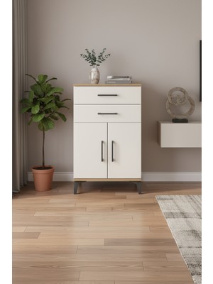 Silva Komodin Çam-Aytaşı: 2 Çekmeceli, 2 Kapaklı Şık Tasarım (60X30X96 Cm) | 1 Raflı