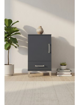 Aura Komodin - Antrasit, 2 Raflı, Çekmeceli & Kapaklı Şık Tasarım | 44X59X80 cm