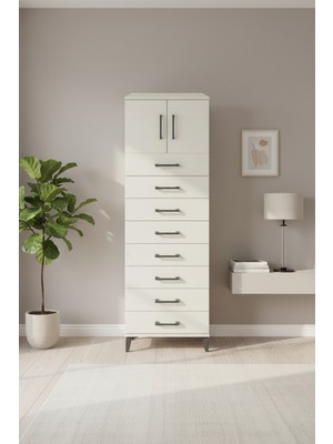 Luna Dolap: 8 Çekmeceli, Tek Raflı, 2 Kapaklı Aytaşı Gardırop | 60X44X182 cm