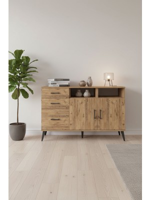 Aura Konsol - 4 Raflı, 3 Çekmeceli, Çam Desenli Konsol | 2 Kapaklı, 132X59X83 cm