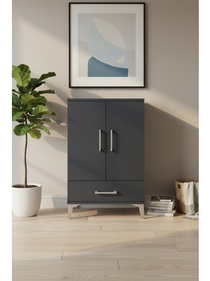 Silva Komodin 2 Raflı Tek Çekmeceli Antrasit 60X30X96 | 2 Kapaklı