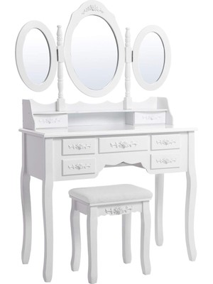 Vento Store Songmıcs 3 Aynalı ve Tabureli Tuvalet Masası, 7 Çekmece, Eğim Koruması, Lüks, 145 x 90 x 40 Cm, Beya