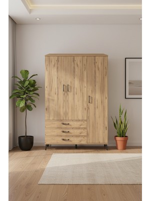 Luna Gardrop: 6 Raflı, 3 Çekmeceli Çam Gardrop - 132X44X195