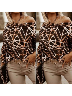 Veraura Lifestyle Kadın Uzun Kollu V Yaka Düşük Omuz Geometrik Desen Şardonlu Dalgıç Bluz
