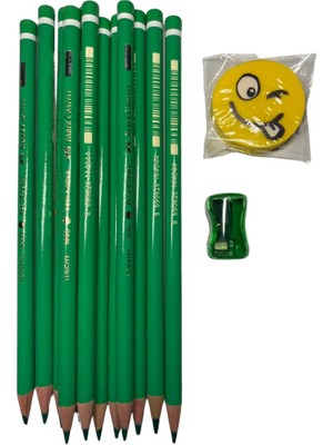 Shop A Way Kurşun Kalem Seti, 12 Adet Yeşil Kalem, Emoji Silgi ve Kalemtraş Hediyeli