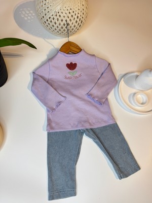 Baby Buu Kız Bebek Ribanalı Nakışlı Mevsimlik Uzun Kollu Üst ve Kot Tayt Takım