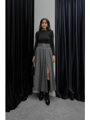 Havoş Gri Pilikaşe Kemerli Etek