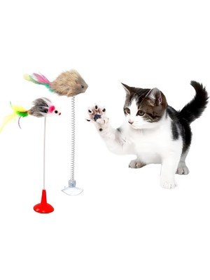 Shop A Way 2'li Vantuzlu Tüylü Fareli Kedi Oyuncağı Seti – Hareketli, Esneyen, Çanlı ve Etkileşimli Peluş Oyunc