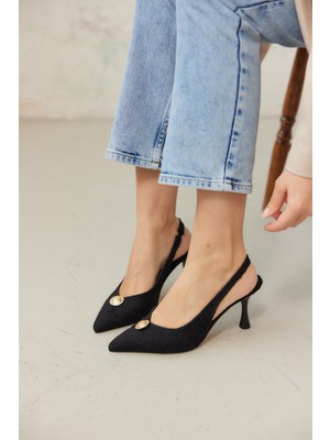 Milaya Shoes Tuva Metal Düğmeli Kadın Kumaş Topuklu Ayakkabı