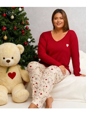 NiCe İç Giyim Yılbaşı Kırmızı Renk Kalp Armalı Battal Büyük Beden Kadın Pijama Takımı (2xl-4xl Beden Aralığı)