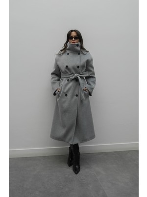 Havoş Gri Lecce Dik Yaka Kuşaklı Kaban