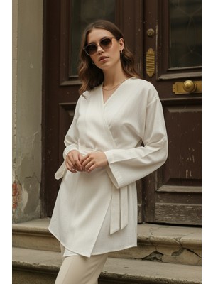 Pastelastore %100 Pamuk Keten Cepli Kemerli Yazlık Kadın Kimono 1166 - Nefes Alan Doğal Kumaş