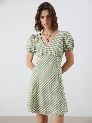 Lc Waikiki Yeni Sezon Balon Kollu Ekose Belden Oturtmalı Mini Elbise