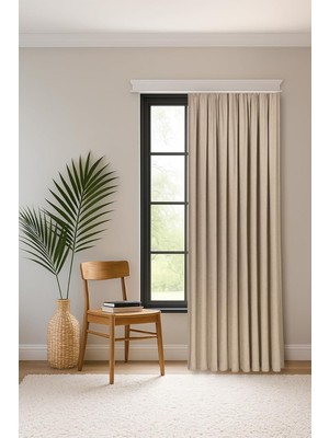 Shop A Way Safir Bej Ekstrafor Büzgülü Kadife Dokulu Yüksek Kaliteli Tek Kanat Fon Perde 150 x 260